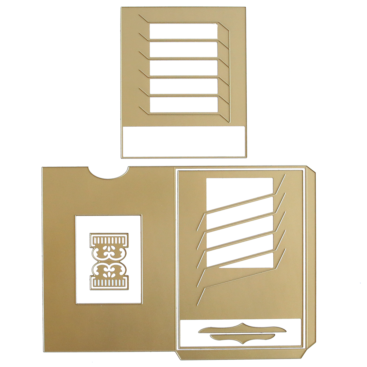 Gold-colored die-cut packaging with slots and an ornate central panel, designed for easy assembly—ideal for displaying your Clever Sliding Card Die Set projects or adding enchantment to handmade cards.