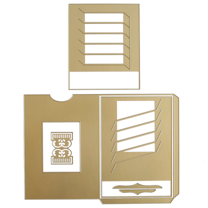 Gold-colored die-cut packaging with slots and an ornate central panel, designed for easy assembly—ideal for displaying your Clever Sliding Card Die Set projects or adding enchantment to handmade cards.