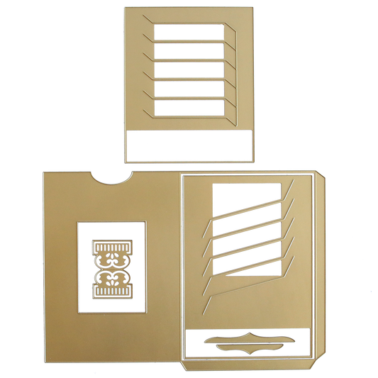 Gold-colored die-cut packaging with slots and an ornate central panel, designed for easy assembly—ideal for displaying your Clever Sliding Card Die Set projects or adding enchantment to handmade cards.