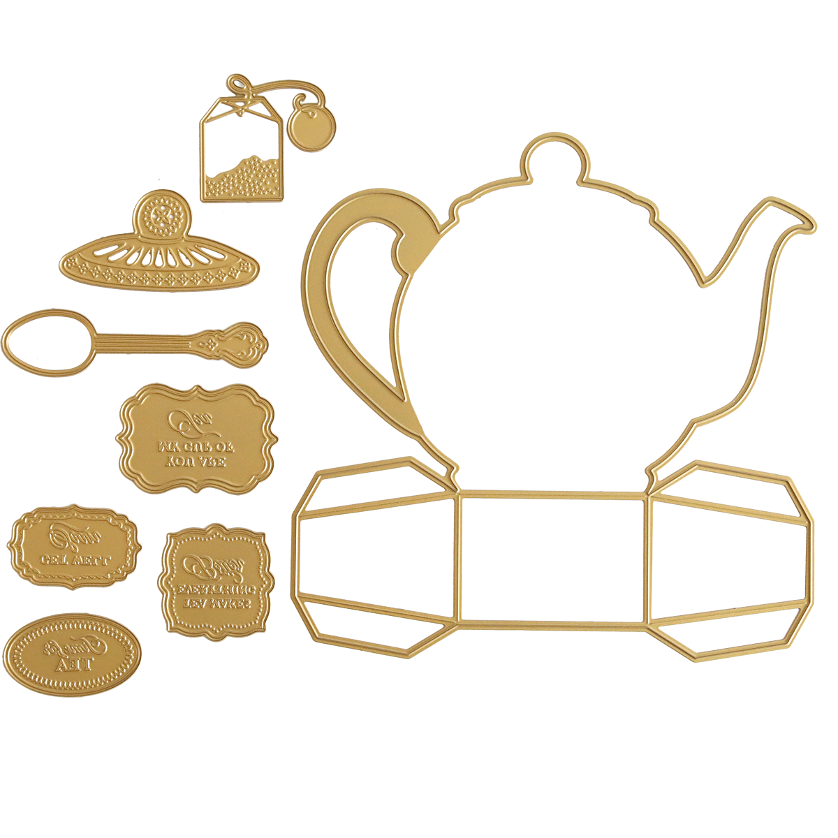 The Teapot Box Dies set includes gold metal dies in the shape of a teapot, cup, spoon, saucer, and decorative labels with embossed text like "Tea Time" and "Take a Break." Ideal for crafting teapot boxes or presenting delightful treats.