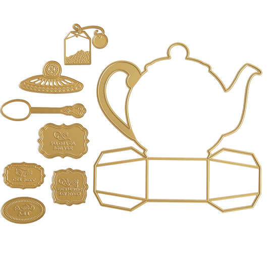 The Teapot Box Dies set includes gold metal dies in the shape of a teapot, cup, spoon, saucer, and decorative labels with embossed text like "Tea Time" and "Take a Break." Ideal for crafting teapot boxes or presenting delightful treats.