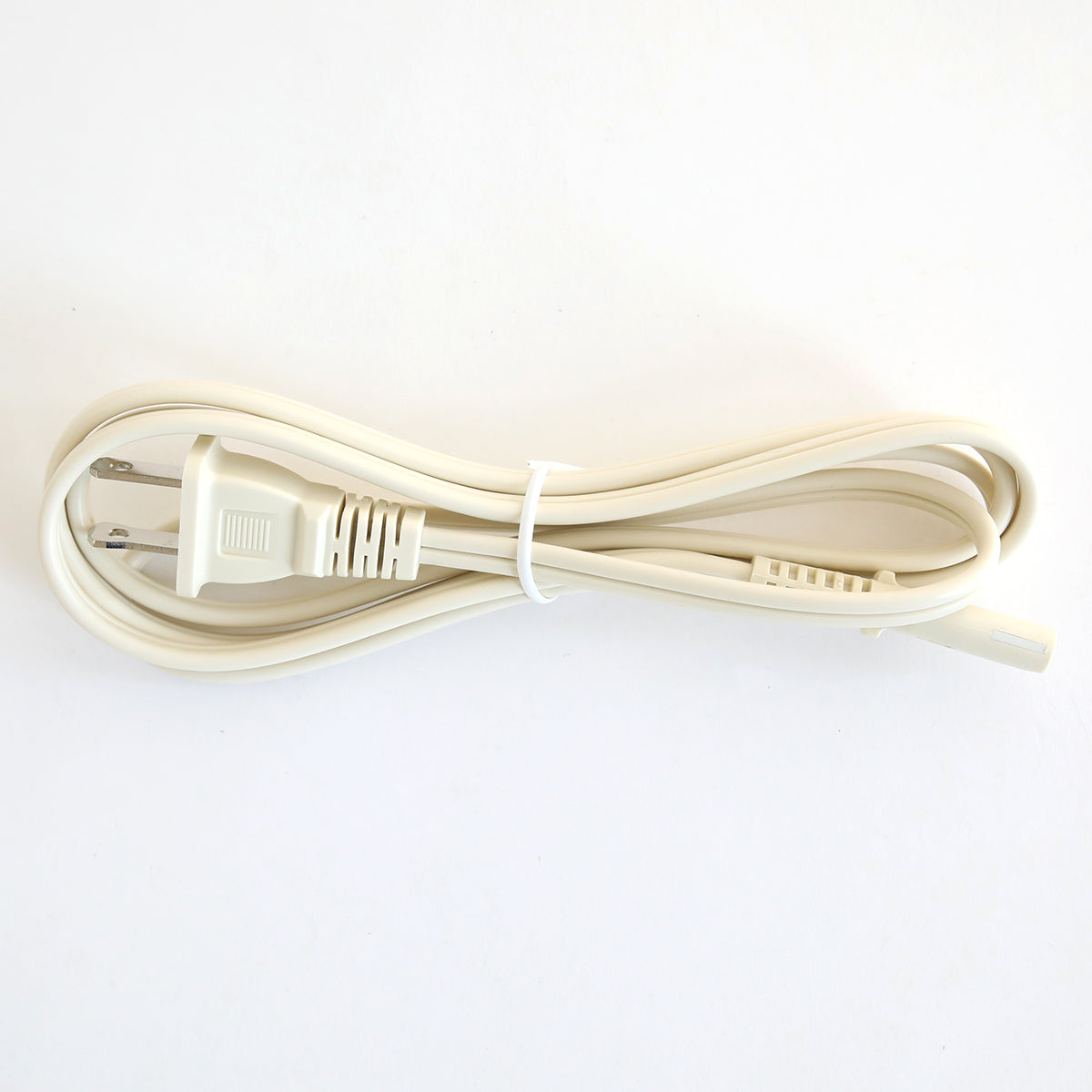 A coiled white power cord with a two-prong plug, secured with a twist tie, designed for the Empress Elite Mini Machine with 13" Plates, is shown on a white background.