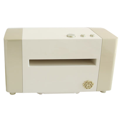 The Empress Elite Mini Machine features beige and white colors, buttons, a slot, a decorative lower right emblem, and comes with 5" x 10" and 13" plates.