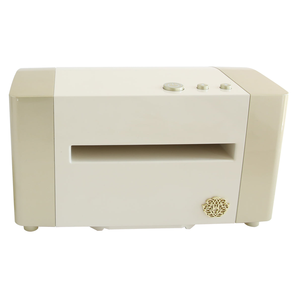 The Empress Elite Mini Diecutting and Embossing Machine is a rectangular cream and beige device featuring three top buttons, a central horizontal slot, and a gold emblem on the lower right corner.
