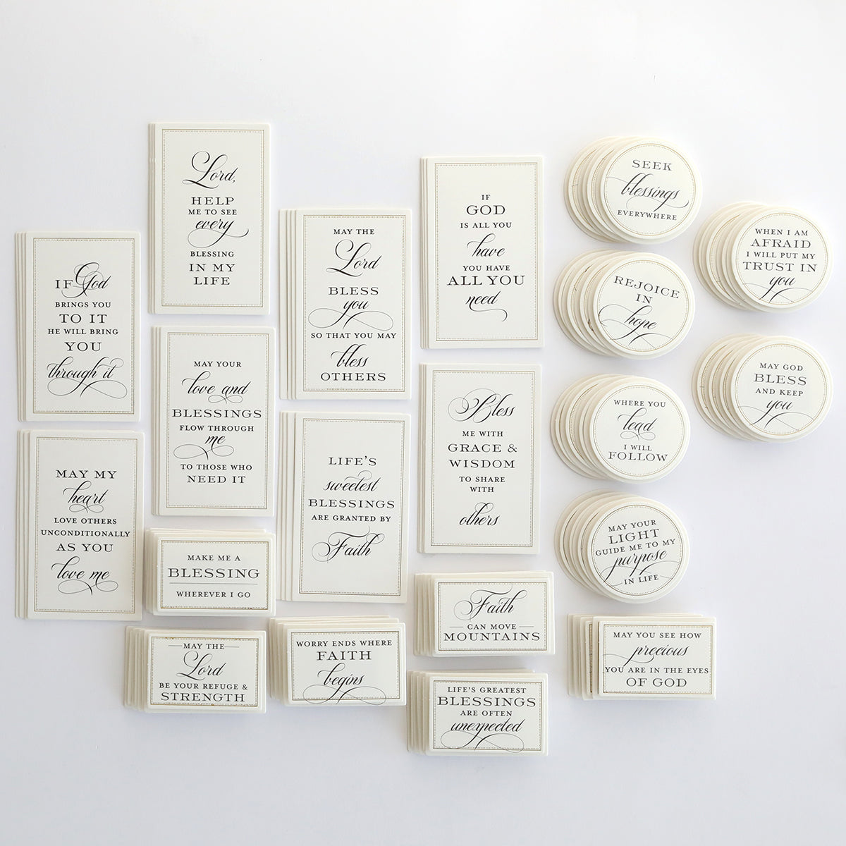 These Beautiful Blessings Sentiment Stickers are a mix of small, rectangular and circular cards with uplifting sentiments in elegant cursive fonts, neatly arranged on a white background, perfect for daily inspiration.