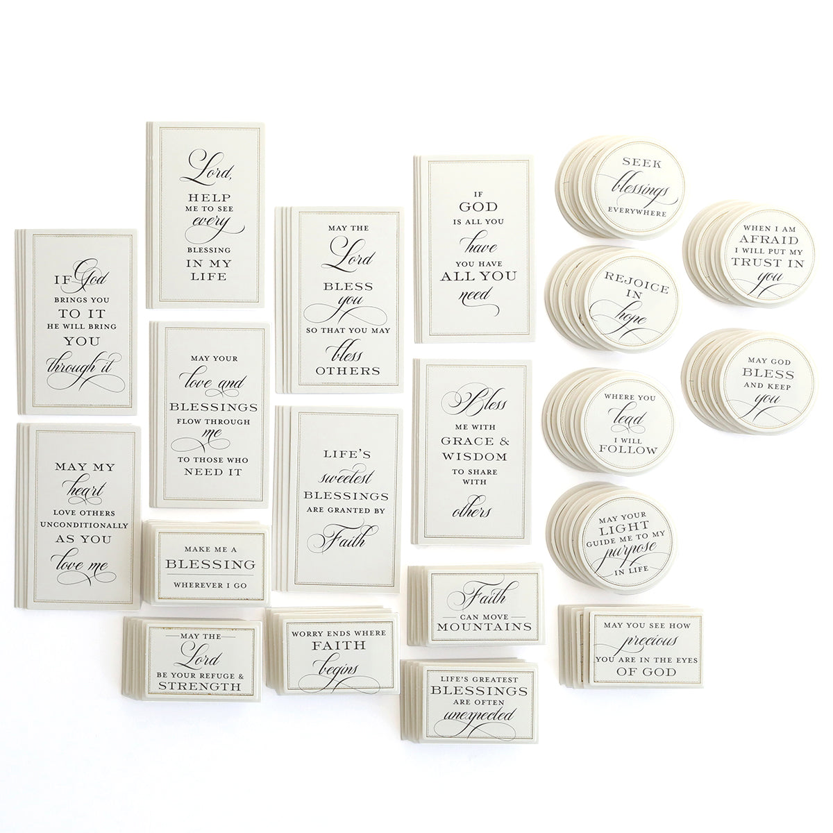 Beautiful Blessings Sentiment Stickers feature rectangular and circular, cream-colored faith stickers with inspirational quotes and religious blessings in black script, all arranged neatly on a white background.