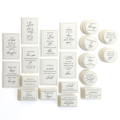 Beautiful Blessings Sentiment Stickers feature rectangular and circular, cream-colored faith stickers with inspirational quotes and religious blessings in black script, all arranged neatly on a white background.