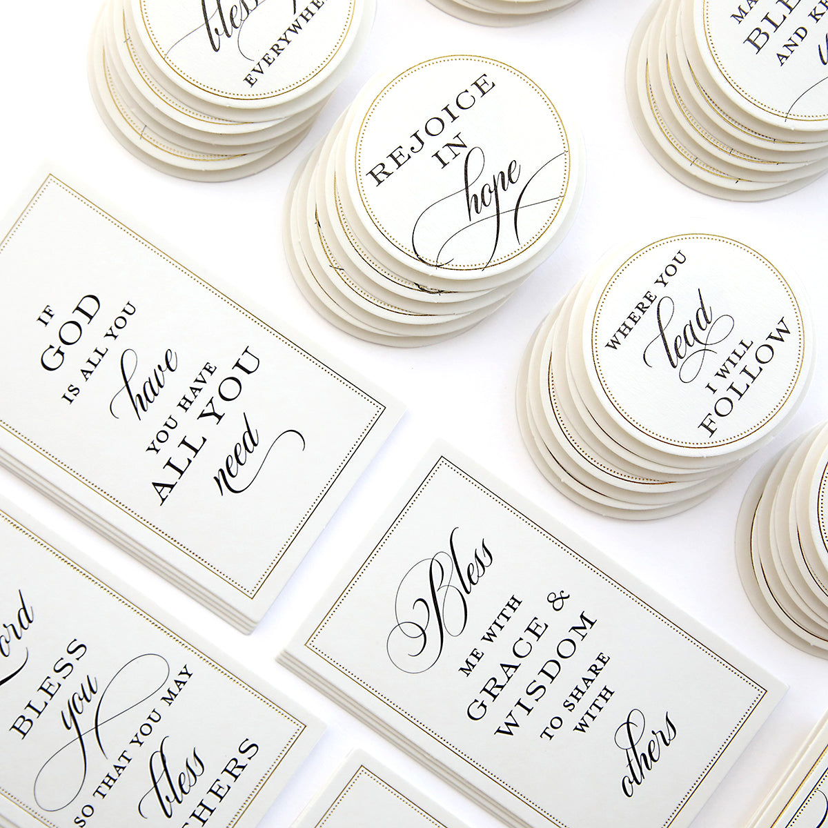 Beautiful Blessings Sentiment Stickers feature inspirational religious quotes and faith stickers in elegant black script on a white background, perfect for uplifting coasters or cards.