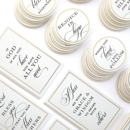 Beautiful Blessings Sentiment Stickers feature inspirational religious quotes and faith stickers in elegant black script on a white background, perfect for uplifting coasters or cards.