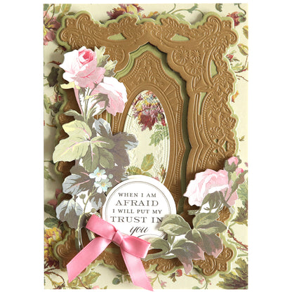 Ornate floral greeting card featuring a gold frame, pink roses, and a pink ribbon bow. Includes the text: "When I am afraid I will put my trust in you." Offers inspiring sentiments from Beautiful Blessings Sentiment Stickers to cherish.