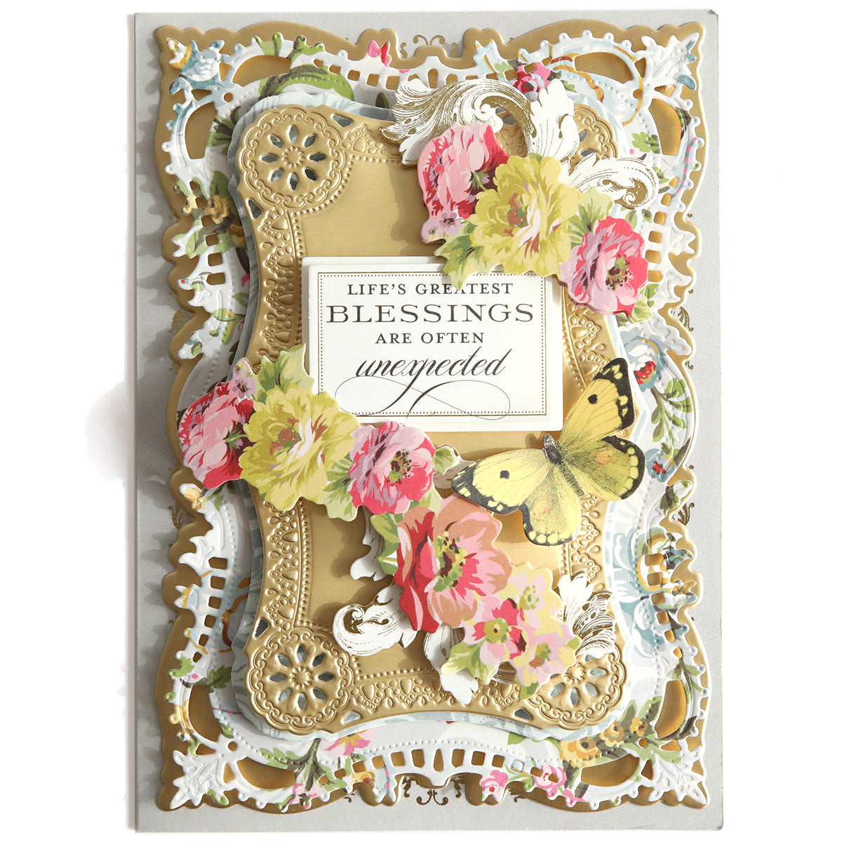 The Beautiful Blessings Sentiment Stickers set features layered floral designs, a yellow butterfly, and a plaque stating "Life's greatest blessings are often unexpected," plus elegant stickers for an extra special touch.