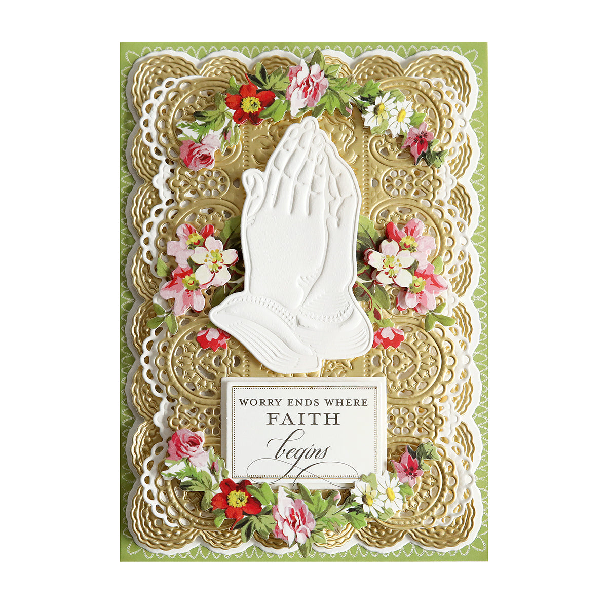 The Beautiful Blessings Sentiment Stickers feature embossed praying hands, floral designs, and the message "Worry ends where faith begins," adding a graceful touch to any card or project.