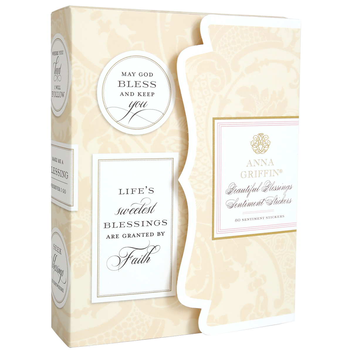 The Beautiful Blessings Sentiment Stickers come in a decorative box filled with uplifting messages like "May God bless and keep you" and "Life's sweetest blessings are granted by faith," neatly organized in a storage folio for easy access to heartfelt expressions.