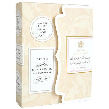 The Beautiful Blessings Sentiment Stickers come in a decorative box filled with uplifting messages like "May God bless and keep you" and "Life's sweetest blessings are granted by faith," neatly organized in a storage folio for easy access to heartfelt expressions.