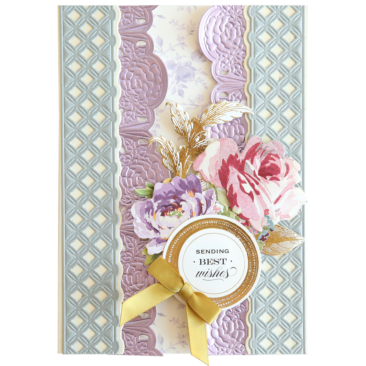 A decorative handmade card using Crop at Home 5 Border Dies, with embossed pastel patterns, pink and purple flowers, gold leaves, a yellow ribbon, and "Sending Best Wishes." Perfect for creative paper crafting projects.