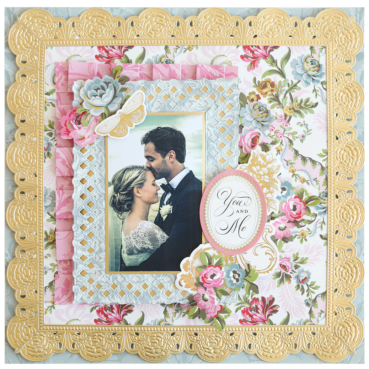 A decorative floral scrapbook page showcases a bride and groom photo, Crop at Home 5 Border Dies, paper flowers, and an oval reading "You and Me," offering perfect inspiration for handmade cards or paper crafts.