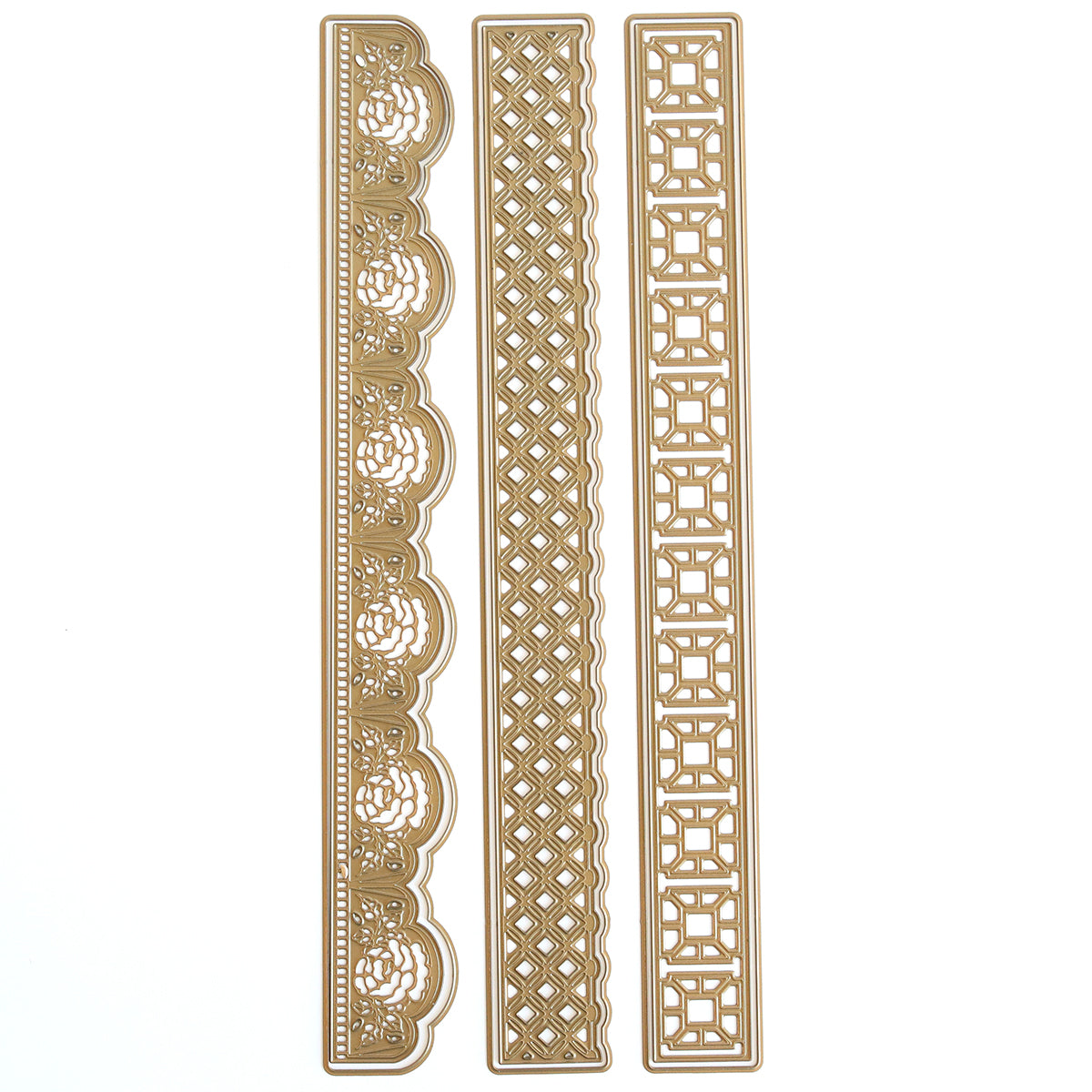 The Crop at Home 5 Border Dies set features three gold-colored metal border dies with lace, lattice, and geometric square designs—ideal for handmade cards and paper crafting.