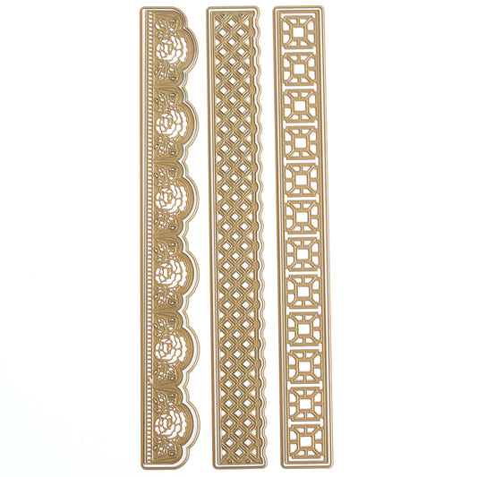 The Crop at Home 5 Border Dies set features three gold-colored metal border dies with lace, lattice, and geometric square designs—ideal for handmade cards and paper crafting.
