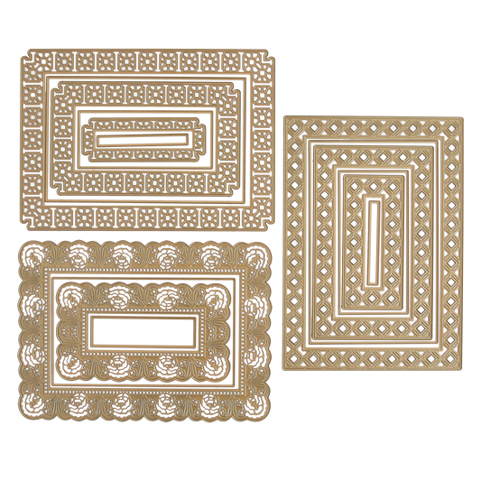 Three ornate, rectangular metal die-cut frames made with the Crop at Home 5 Frame Dies feature intricate geometric and floral patterns, arranged side by side—ideal for adding a dramatic layer to your handmade cards.