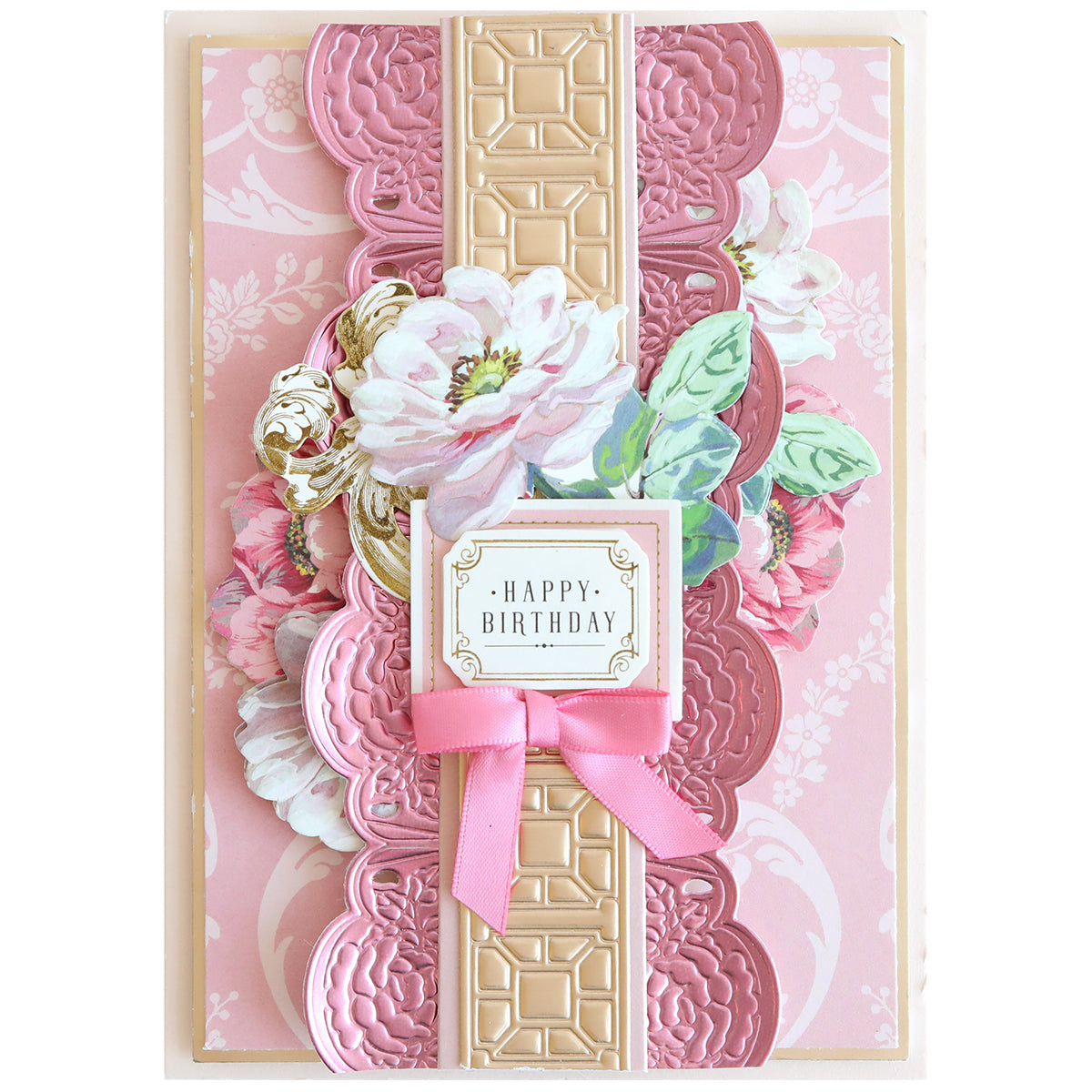 A handmade birthday card featuring the Elegant Frames and Borders Die Set, with a pink scalloped frame, floral accents, a gold geometric centerpiece, and a “Happy Birthday” tag tied with pink ribbon.