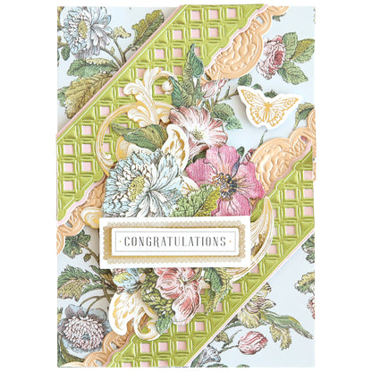 Handmade card featuring Elegant Frames and Borders Die Set in green, with floral paper, a butterfly cutout, and a rectangular label that reads “CONGRATULATIONS.”