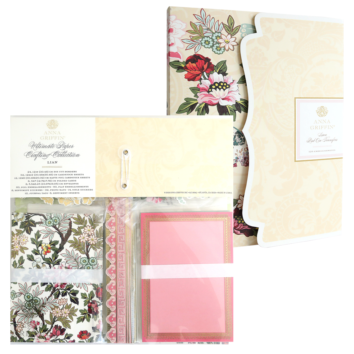 Lian Ultimate Papercrafting Collection with Rub On Transfers kit, featuring assorted floral patterned cardstock, die-cut borders, blank cards, and rub-on transfers in a decorative folder.
