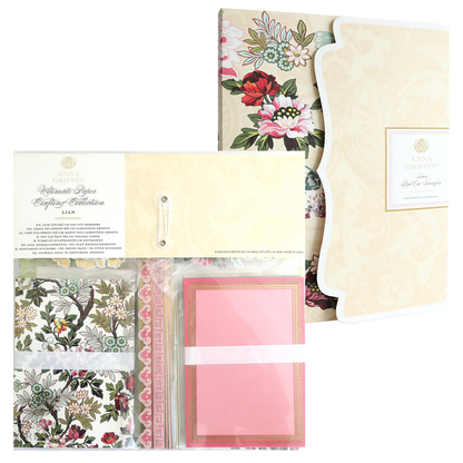Lian Ultimate Papercrafting Collection with Rub On Transfers kit, featuring assorted floral patterned cardstock, die-cut borders, blank cards, and rub-on transfers in a decorative folder.