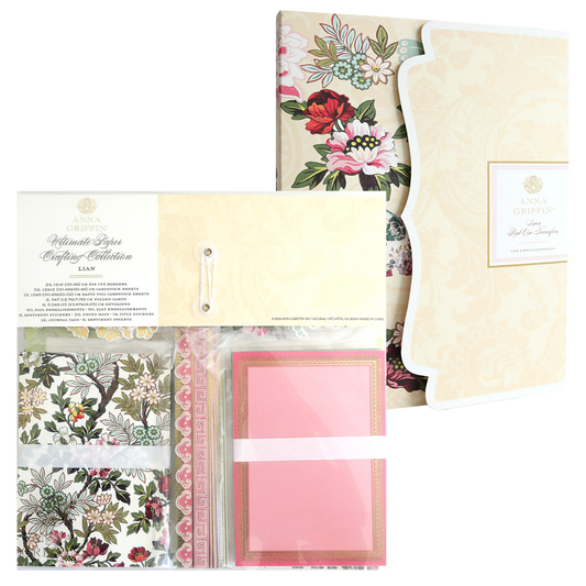 Lian Ultimate Papercrafting Collection with Rub On Transfers kit, featuring assorted floral patterned cardstock, die-cut borders, blank cards, and rub-on transfers in a decorative folder.