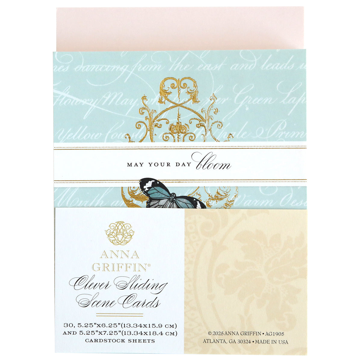 The Clever Sliding Scenes Cards box features an ornate design with a butterfly illustration, "May Your Day Bloom" text, and an interactive message crafted from quality cardstock. Branding and product details from Anna Griffin are included at the bottom.