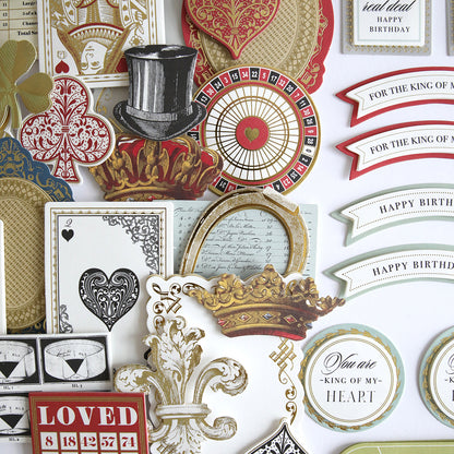A collection of vintage-style paper cutouts featuring playing cards, crowns, and more—perfect 3D embellishments for your Simply King of My Heart Card Making Kit or to craft unique handmade cards.