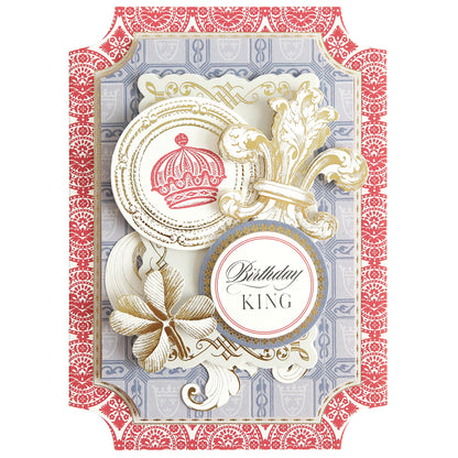 The Simply King of My Heart Card Making Kit features an ornate handmade birthday card with gold and red designs, crown, fleur-de-lis, flowers, and “Birthday King”—ideal for standout 3D embellishments in your crafts.
