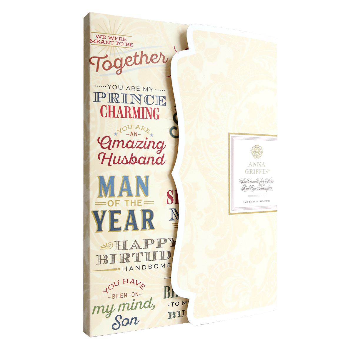 Sentiments For Him Rub On Transfers feature affectionate phrases for a husband in decorative typography. Partially covered by a patterned flap with an "Anna Griffin" label, they're the perfect addition to crafts for him.
