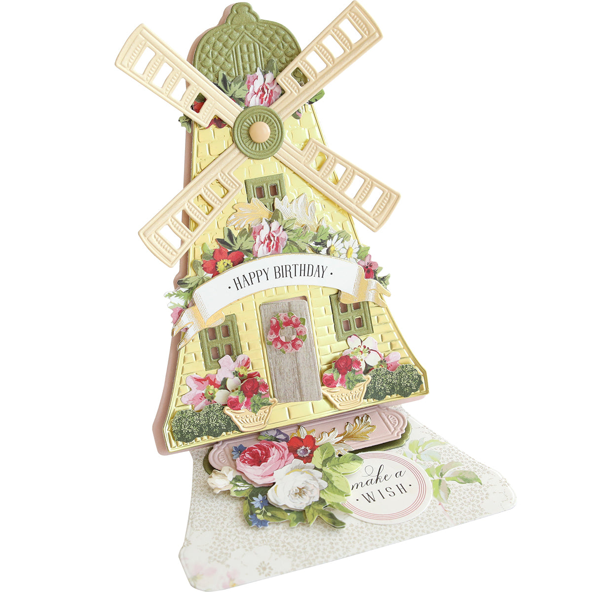 3D Windmill Easel Dies card featuring a windmill and flowers, with "Happy Birthday" banner and "Make a Wish" message.