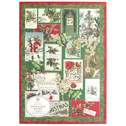 The Christmas Post Jigsaw Puzzle features vintage holiday postcards and illustrations with holly, Santa, and festive greetings on a green and red background—ideal for anyone who loves a nostalgic Christmas challenge.