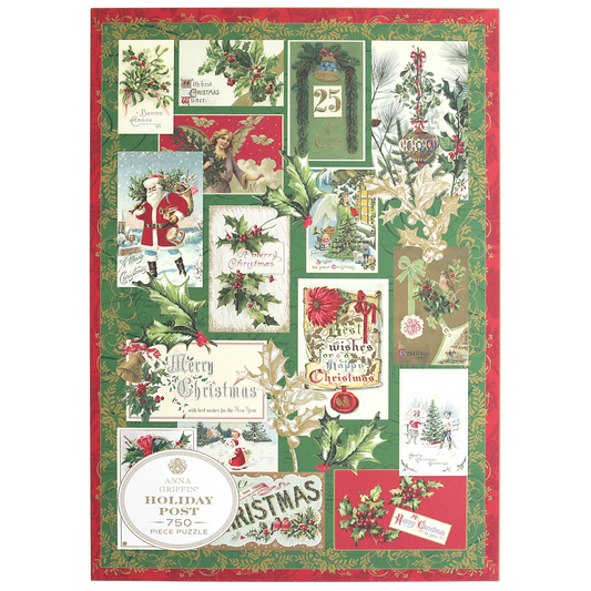 The Christmas Post Jigsaw Puzzle features vintage holiday postcards and illustrations with holly, Santa, and festive greetings on a green and red background—ideal for anyone who loves a nostalgic Christmas challenge.