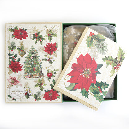 The Christmas Botanicals Jigsaw Puzzle box displays festive poinsettias and a decorated tree, and opening it reveals vibrant holiday puzzle pieces inside.