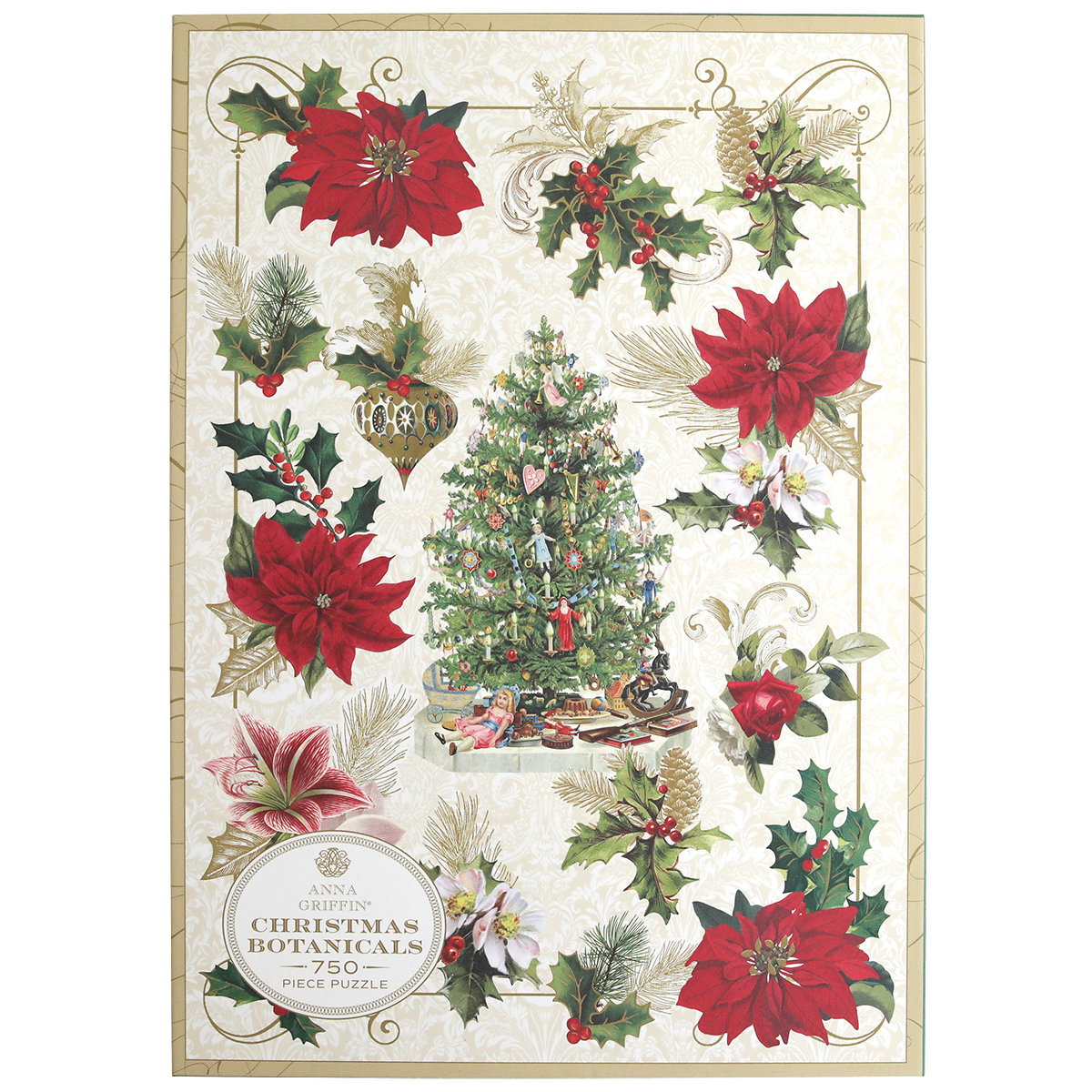 The Christmas Botanicals Jigsaw Puzzle features a decorated tree, poinsettias, holly, ornaments, and pine branches on a cream background. Includes 750 pieces. Text: "Christmas Botanicals Jigsaw Puzzle.