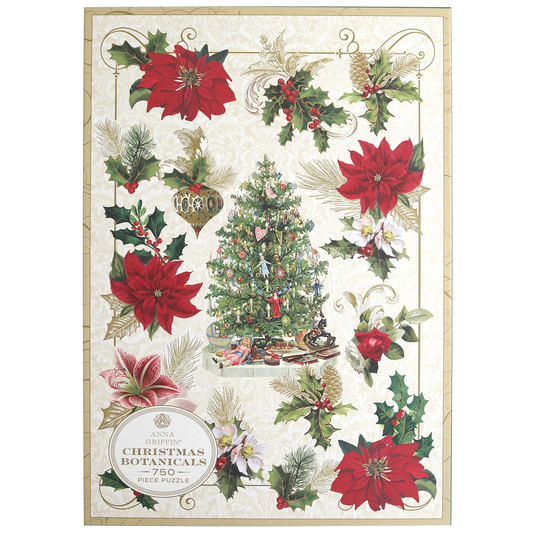 The Christmas Botanicals Jigsaw Puzzle features a decorated tree, poinsettias, holly, ornaments, and pine branches on a cream background. Includes 750 pieces. Text: "Christmas Botanicals Jigsaw Puzzle.