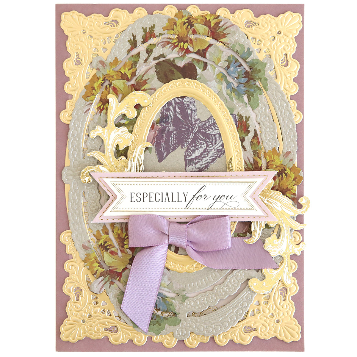 Greeting card adorned with ornate gold and floral motifs, highlighted by a purple bow, a butterfly illustration, and the sentiment “Especially for you” on the front—perfect to pair with floral rub on transfers or other coordinating pieces from the Ultimate Francesca Papercrafting Collection with Rub Ons.