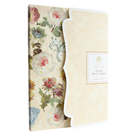 The Francesca Rub On Transfers feature a floral-patterned stationery set with a decorative cream cover, partially open to reveal the Anna Griffin logo. Ideal for embellishing scrapbook pages or personalizing notes.