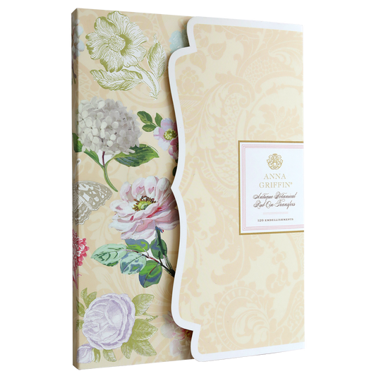 Enhance scrapbook pages by pairing your Antique Botanical Rub On Transfers with the Anna Griffin "Antique Damask All Occasion Greetings" card set, featuring a floral-patterned box in ornate cream and gold.