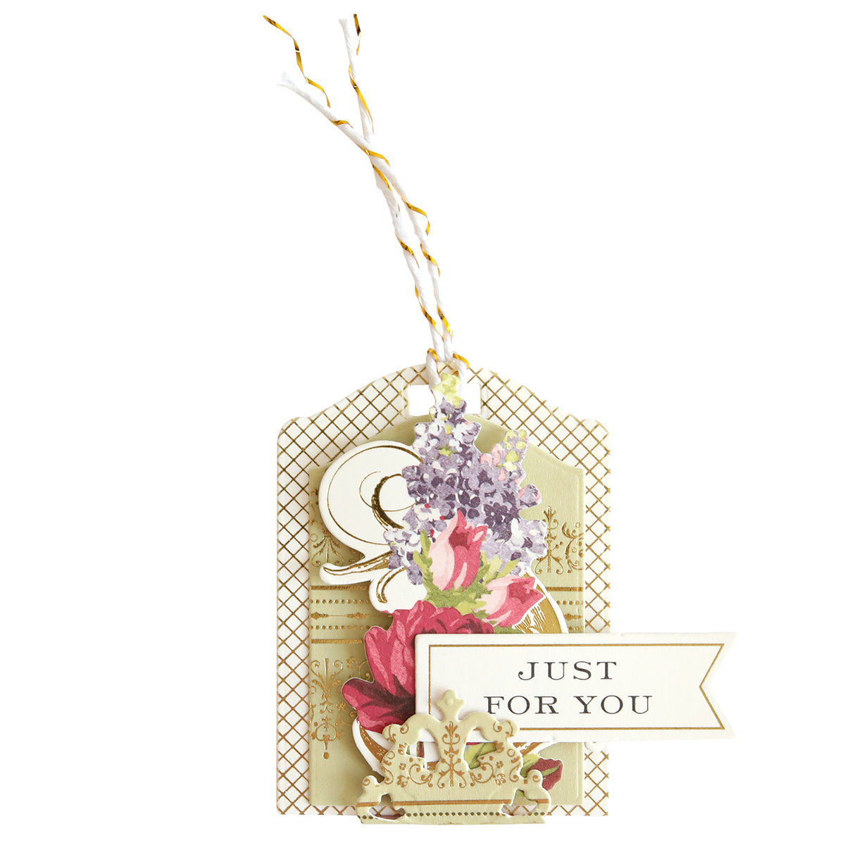 Creative Birthday Tags and Dies used to craft a decorative gift tag with floral illustrations, a “JUST FOR YOU” banner, and gold and white twine.