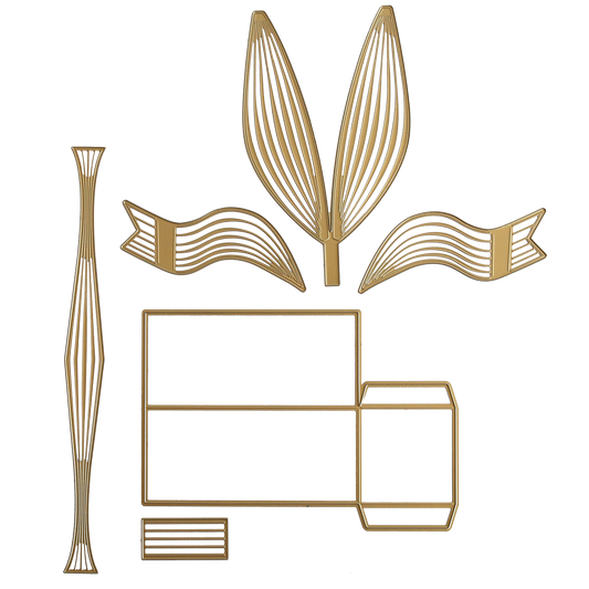 Bow Box Dies feature gold geometric shapes—leaves, ribbons, rectangles, and a tall narrow column—arranged on a transparent background, ideal for crafting or adding elegance to your next treat box project.