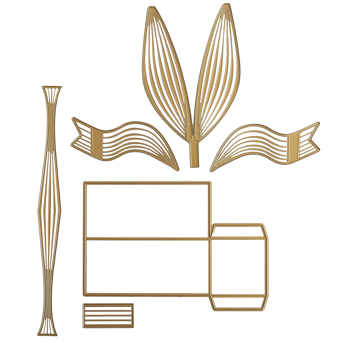 Bow Box Dies feature gold geometric shapes—leaves, ribbons, rectangles, and a tall narrow column—arranged on a transparent background, ideal for crafting or adding elegance to your next treat box project.