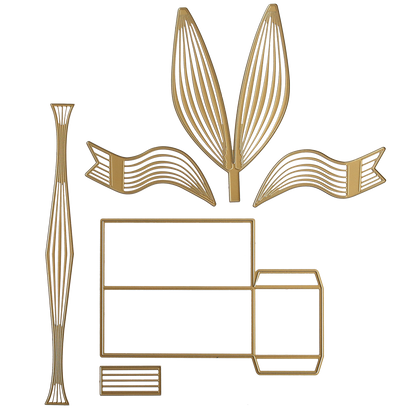 Bow Box Dies feature gold geometric shapes—leaves, ribbons, rectangles, and a tall narrow column—arranged on a transparent background, ideal for crafting or adding elegance to your next treat box project.