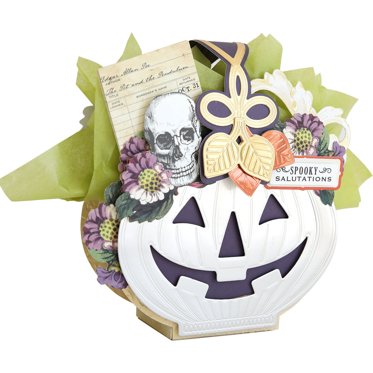A white pumpkin-shaped Halloween gift basket with flowers, skull art, gold leaf, note, and "Spooky Salutations" tag—perfect inspiration for your next craft or to pair with Halloween Box Dies.