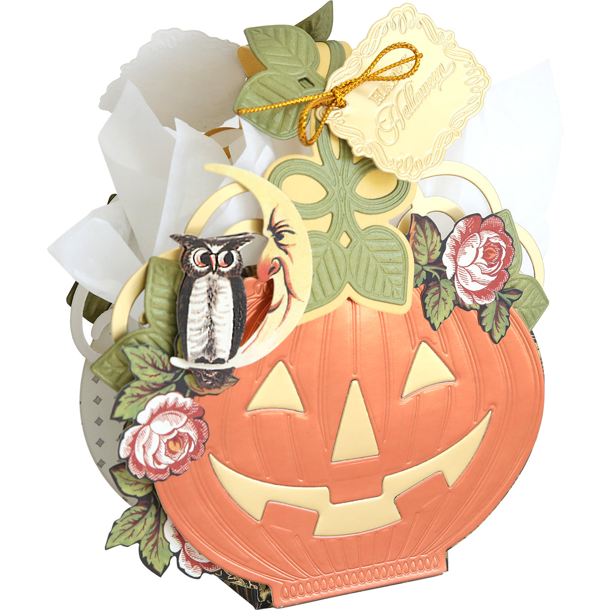 Create a festive Halloween gift bag using Halloween Box Dies featuring a carved pumpkin face, roses, an owl on a crescent moon, and a gold "Halloween" tag tied with ribbon—perfect for any spooky craft project.