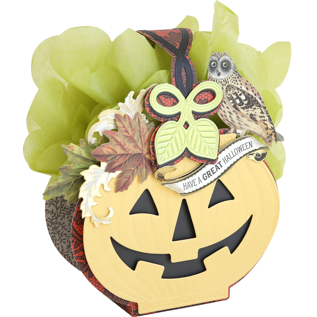 Create festive Halloween crafts with the Halloween Box Dies! Make a pumpkin box with a smiling jack-o-lantern face, green tissue paper, fall leaves, an owl, and a "HAVE A GREAT HALLOWEEN" banner—perfect for spooky displays.