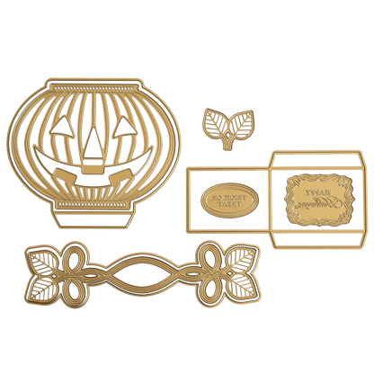 Halloween Box Dies in gold metal feature various shapes like jack-o-lanterns, leaves, ornate borders, and frames—ideal for your next Halloween craft—all shown on a white background.