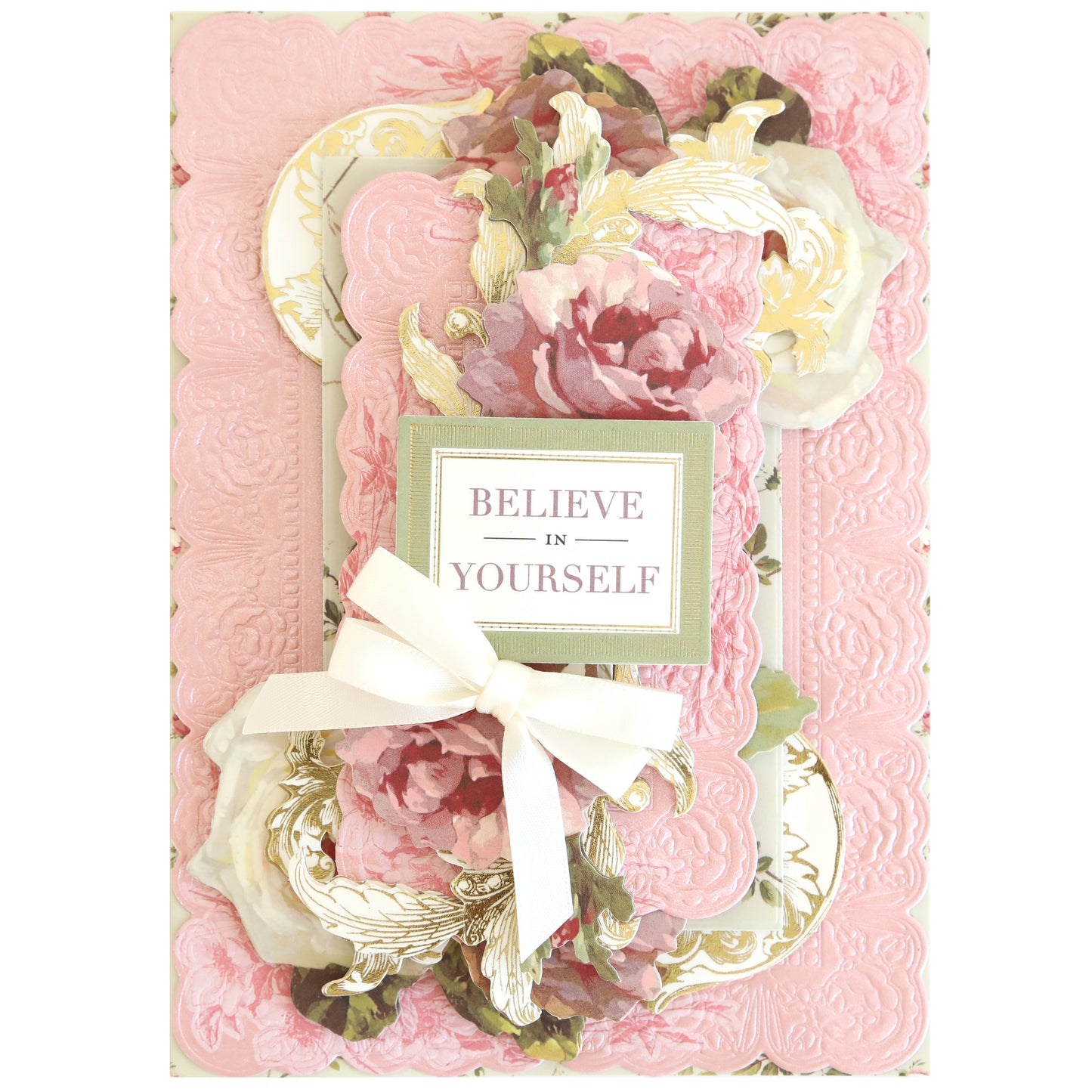 The Francesca Cards and Envelopes set features a decorative, layered pink handmade card with floral designs, gold accents, a white bow, and "BELIEVE IN YOURSELF" on the front—ideal for gifting or creative card making.